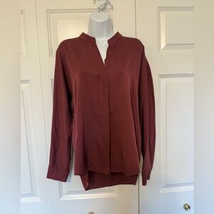 VINCE 92% Silk Banded Collar Long Sleeve Blouse Size 6 Dark Red/Brown Silk Blend